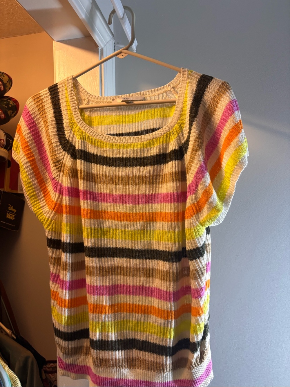 Loft Striped Short-Sleeve Knit Sweater - Pink, Orange, Yellow, Black, Cream